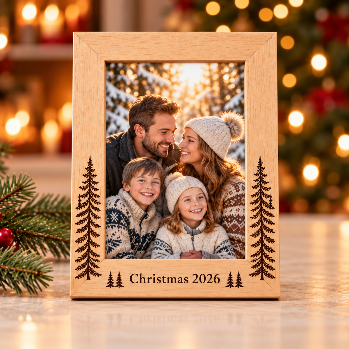 Portrait Christmas 2026 wooden frame with evergreen engraving — design preview; sample photo not included