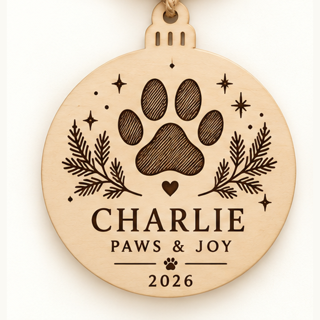Personalized Pet Christmas Ornament — Paws & Joy — selected detailed design with sample names and year