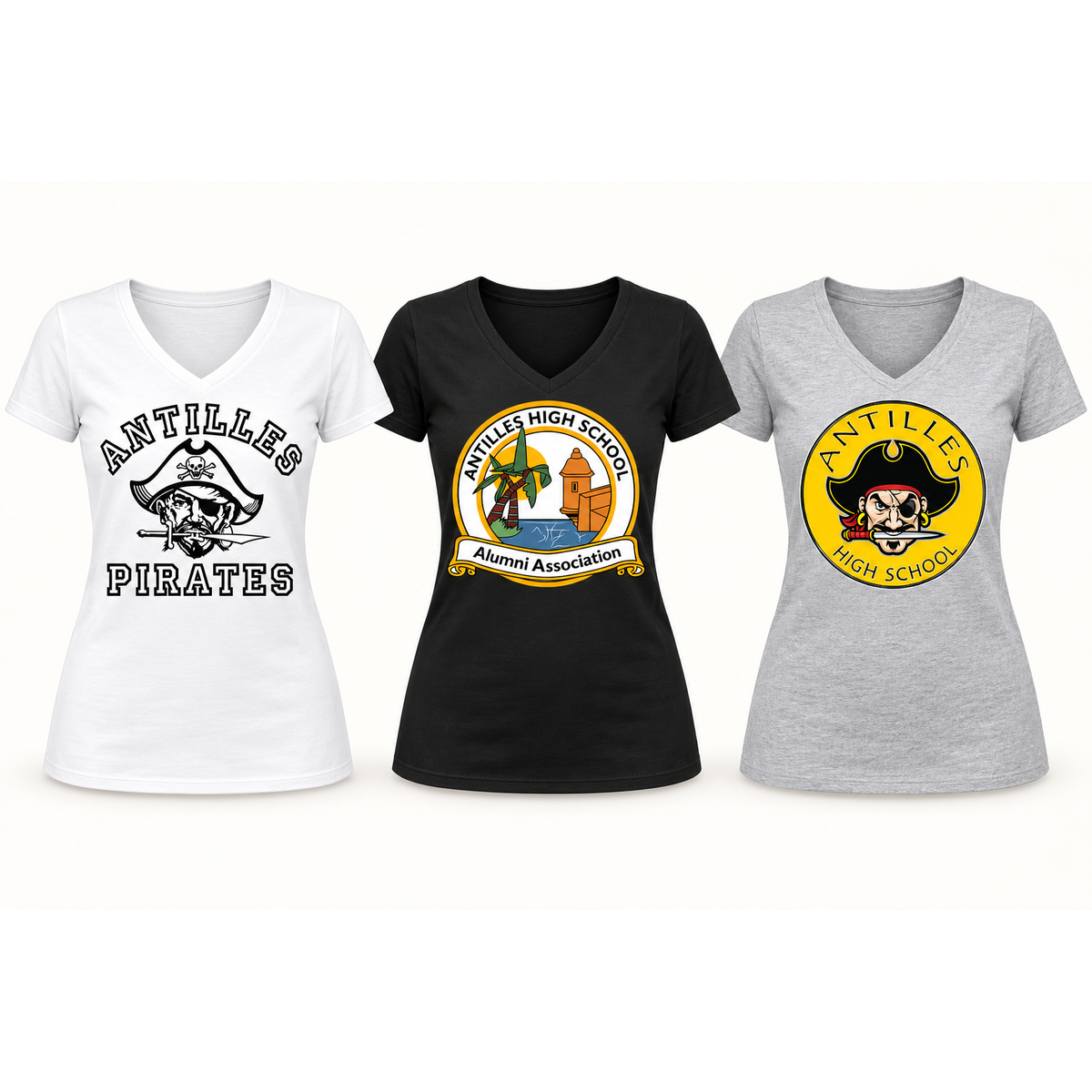 Women’s V-Neck Tee — CLASSIC logo-only preview in White, Black and Grey