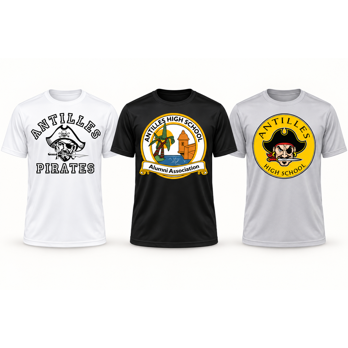 Performance Tee — CLASSIC logo-only preview in White, Black and Grey