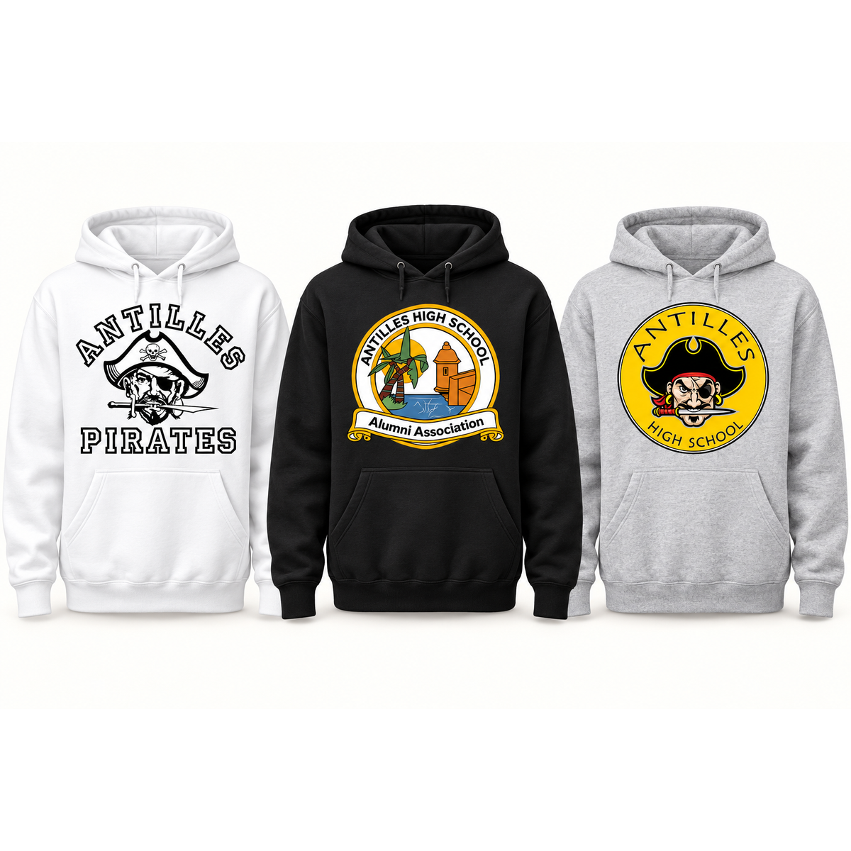 Pullover Hoodie — CLASSIC logo-only preview in White, Black and Grey