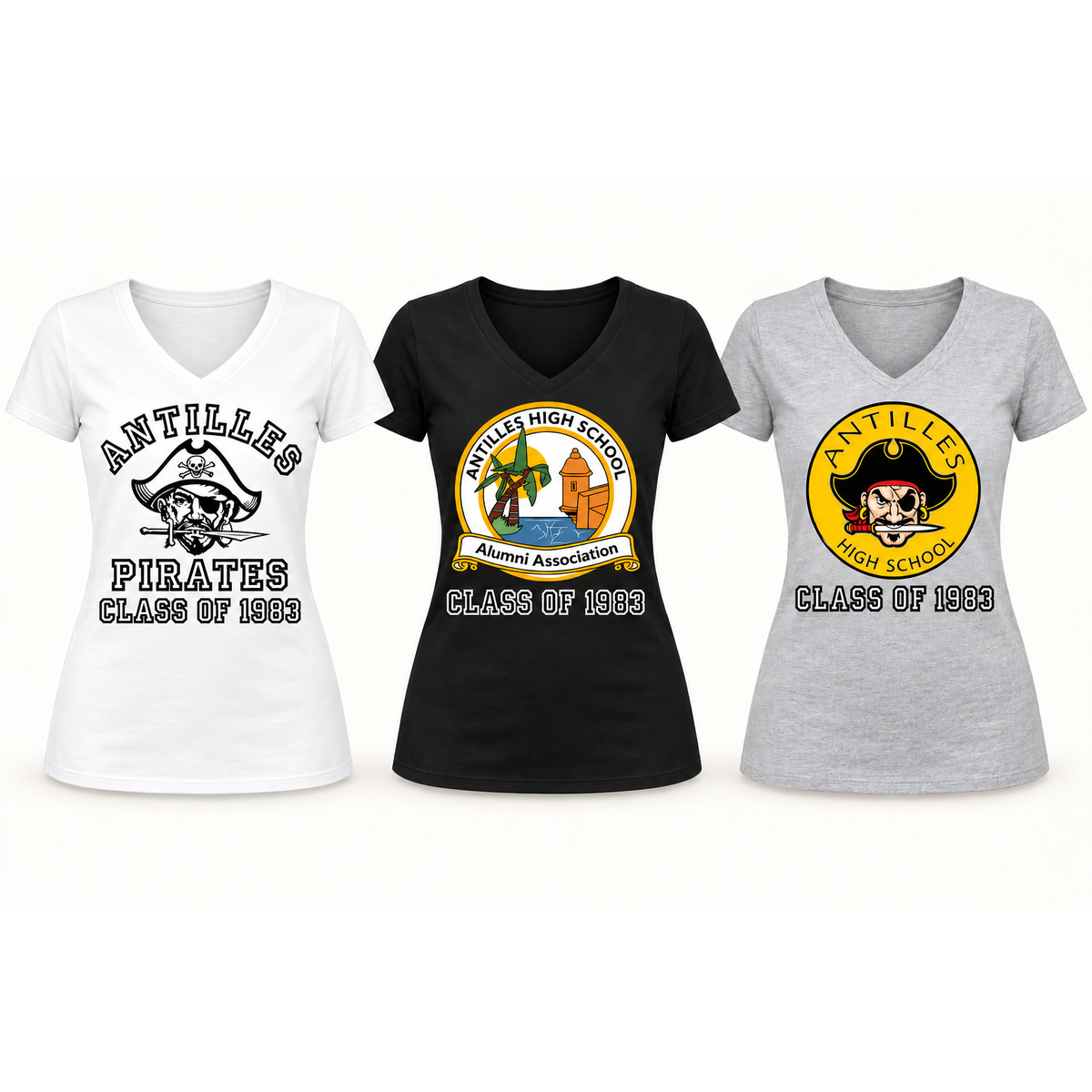 Women’s V-Neck Tee — CLASSIC+ preview, CLASS OF 1983 on one line beneath the logo; sample year