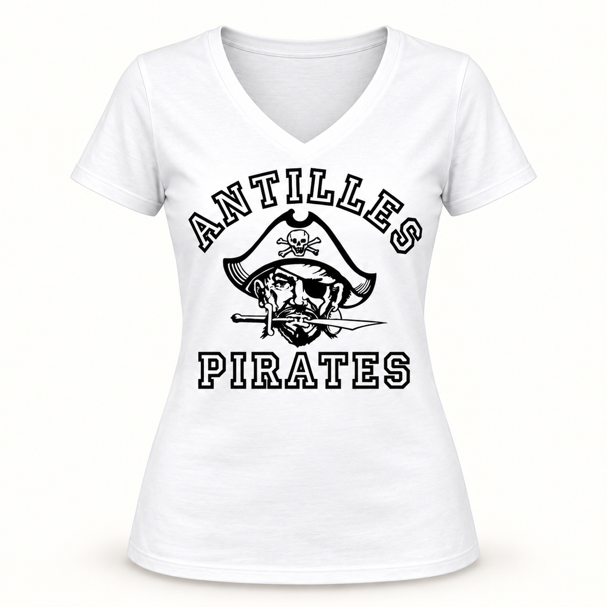 Women’s V-Neck Tee | CLASSIC | White | Old School Pirate — logo only