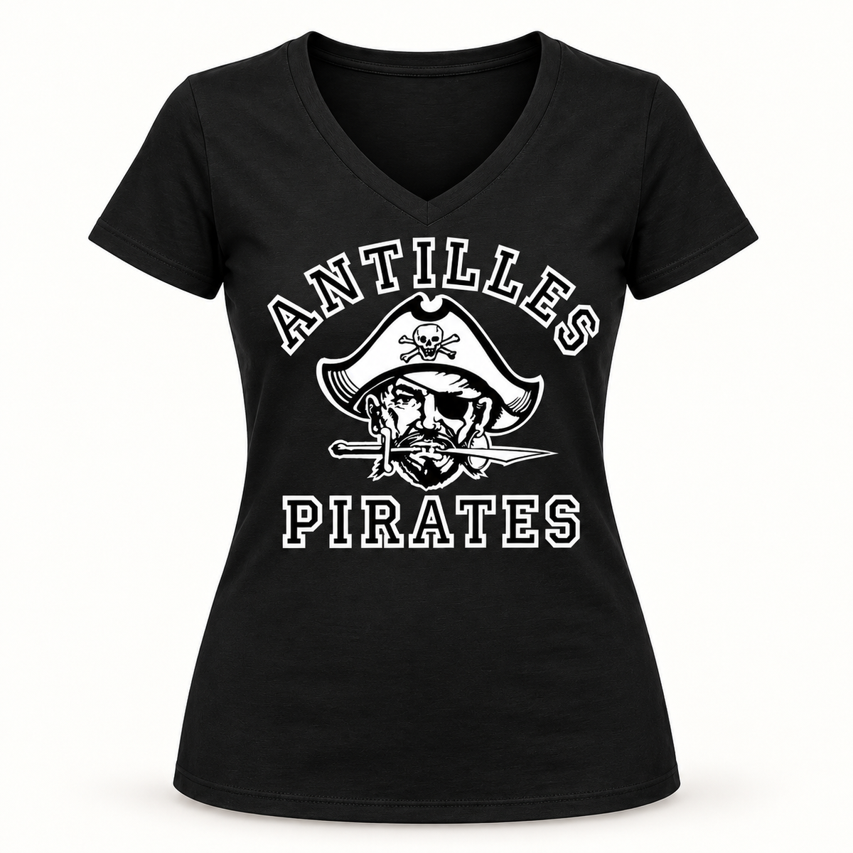 Women’s V-Neck Tee | CLASSIC | Black | Old School Pirate — logo only