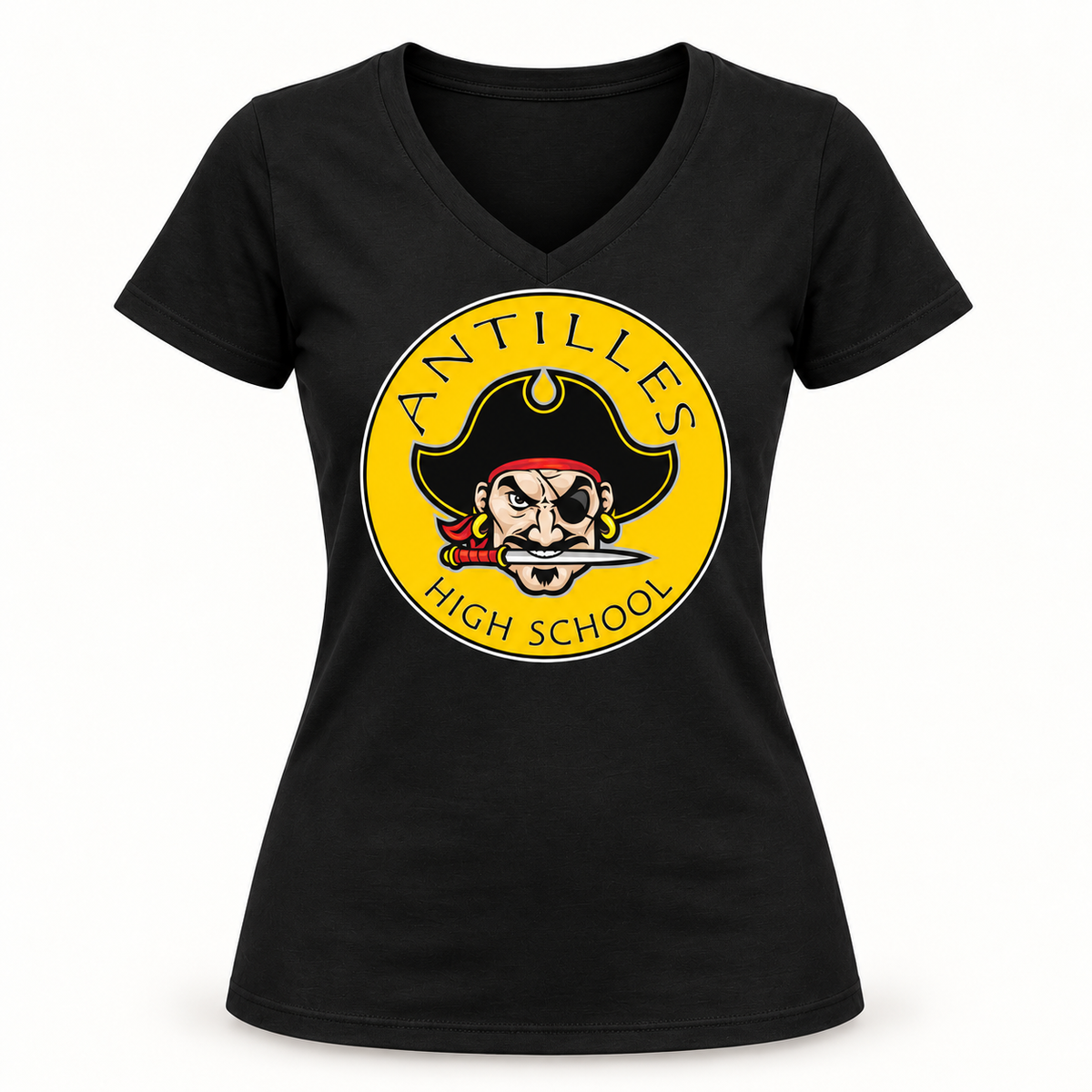 Women’s V-Neck Tee | CLASSIC | Black | New Pirate — logo only