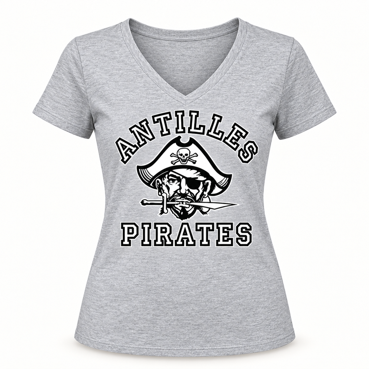 Women’s V-Neck Tee | CLASSIC | Grey | Old School Pirate — logo only