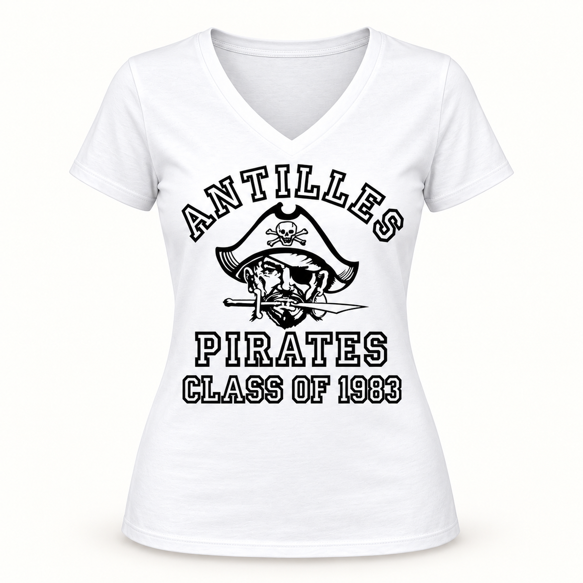 Women’s V-Neck Tee | CLASSIC+ | White | Old School Pirate — sample CLASS OF 1983