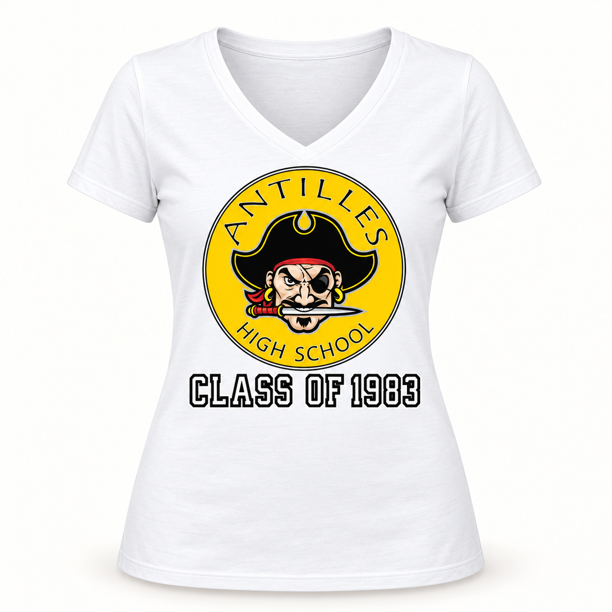 Women’s V-Neck Tee | CLASSIC+ | White | New Pirate — sample CLASS OF 1983