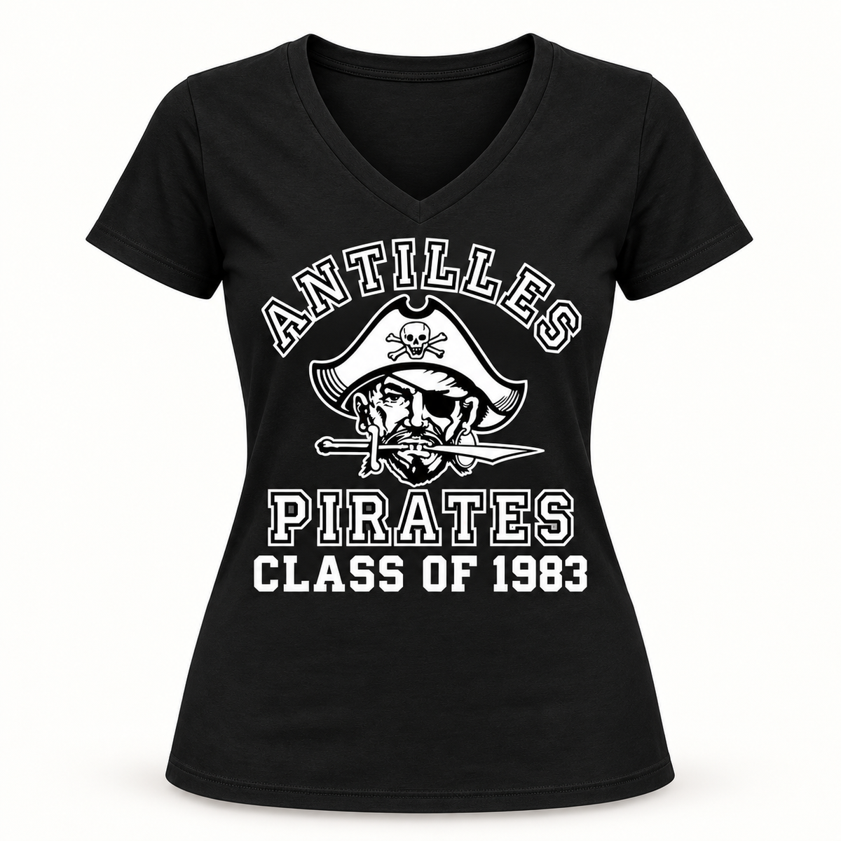 Women’s V-Neck Tee | CLASSIC+ | Black | Old School Pirate — sample CLASS OF 1983