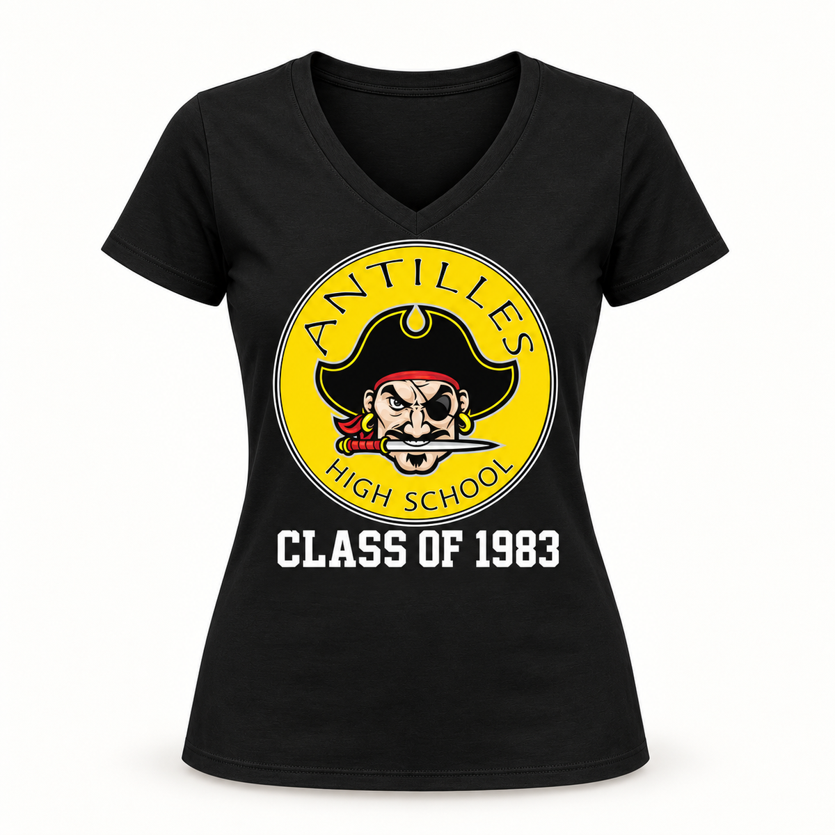 Women’s V-Neck Tee | CLASSIC+ | Black | New Pirate — sample CLASS OF 1983