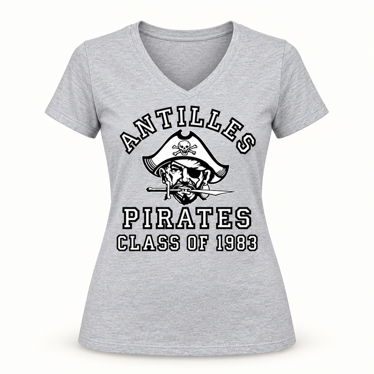 Women’s V-Neck Tee | CLASSIC+ | Grey | Old School Pirate — sample CLASS OF 1983