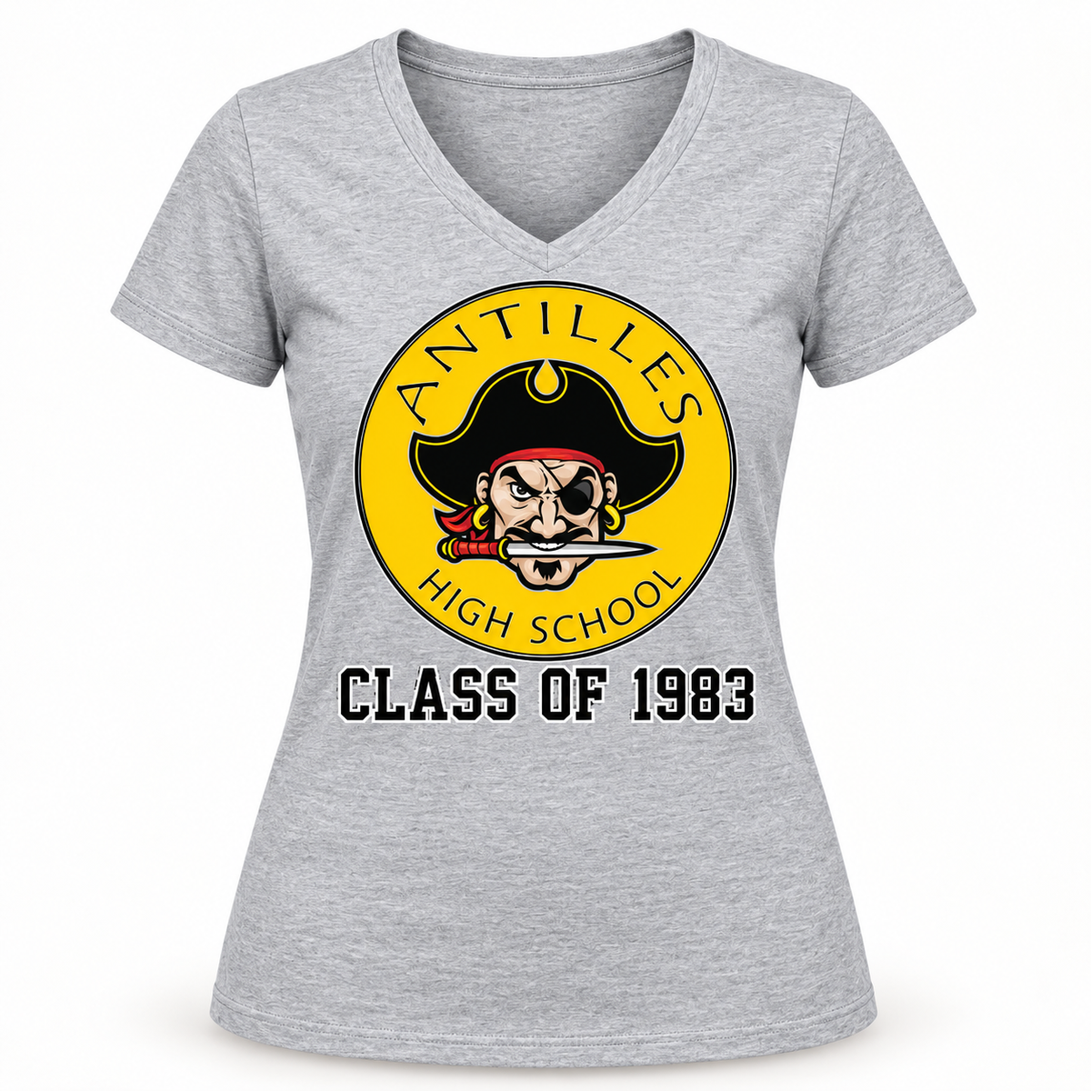 Women’s V-Neck Tee | CLASSIC+ | Grey | New Pirate — sample CLASS OF 1983