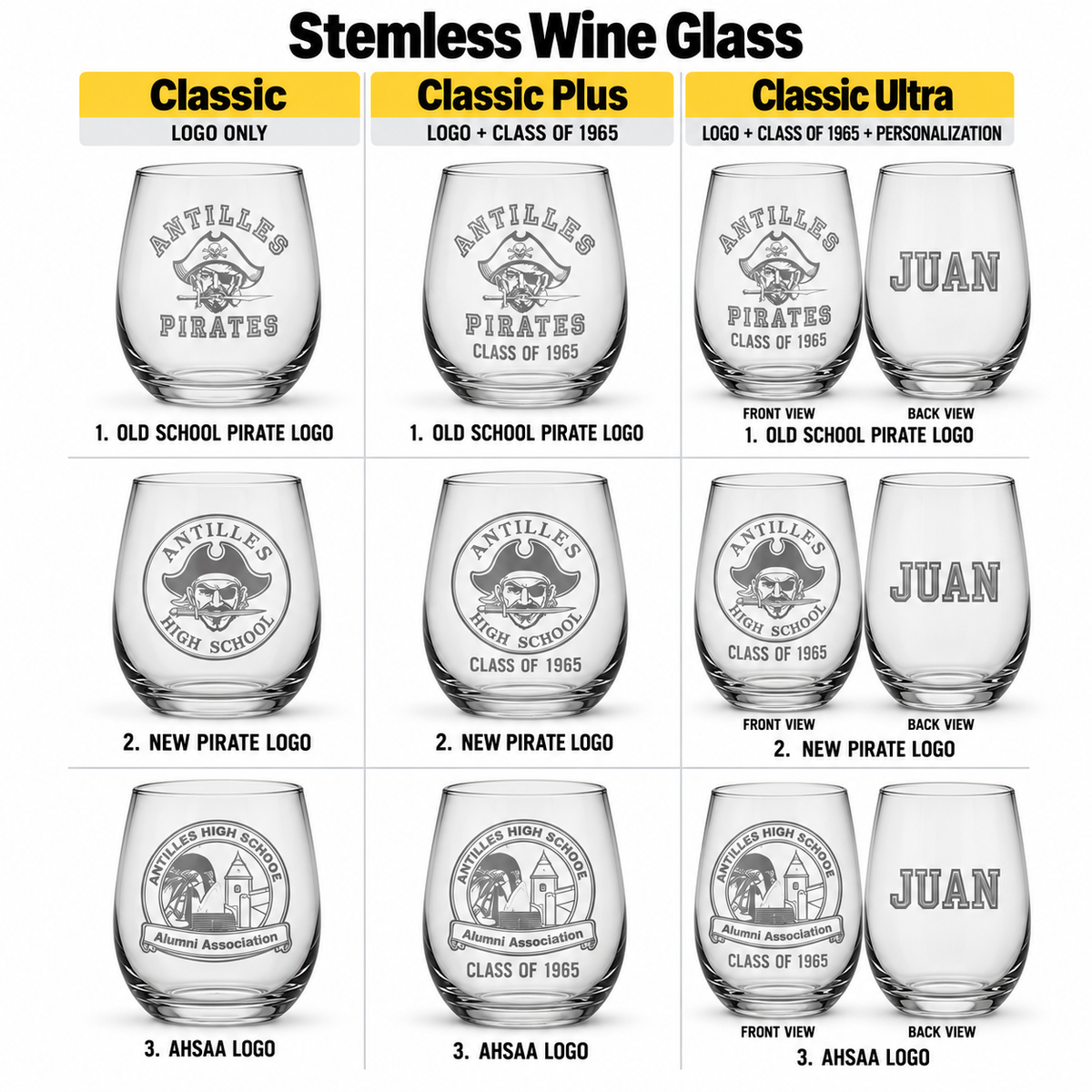 Antilles High School Stemless Wine Glass with three logo choices and Classic, Classic Plus, and Classic Ultra engraving examples