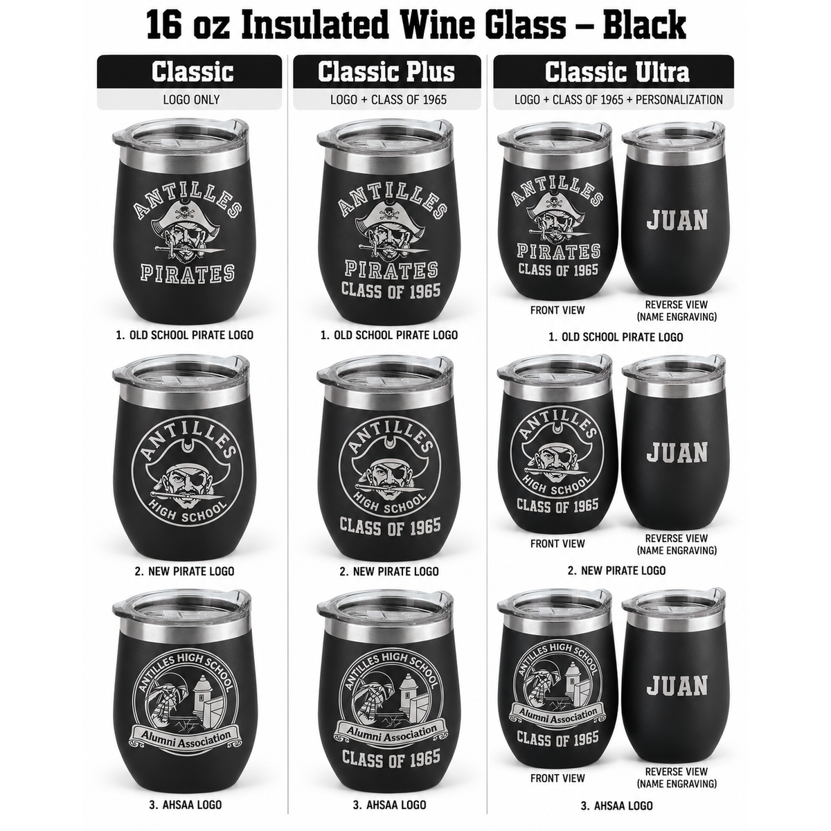 Antilles High School 16 oz insulated wine tumbler black customization options