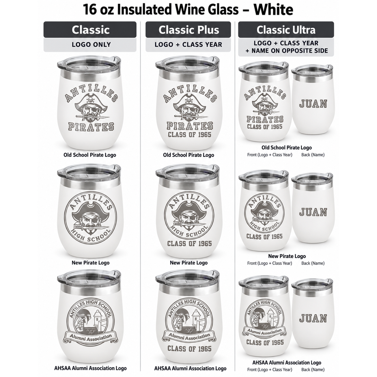 Antilles High School 16 oz insulated wine tumbler white customization options