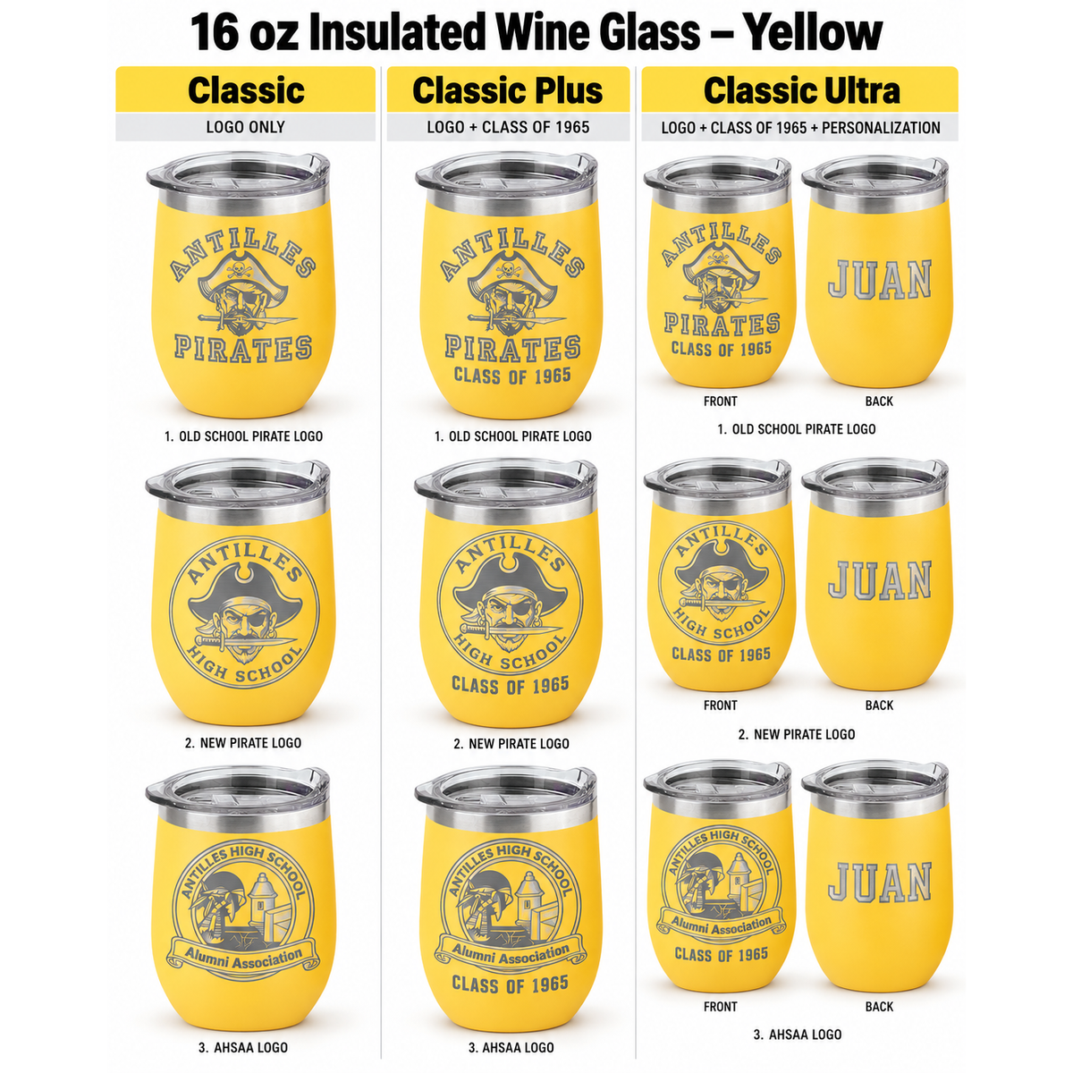 Antilles High School 16 oz insulated wine tumbler yellow customization options