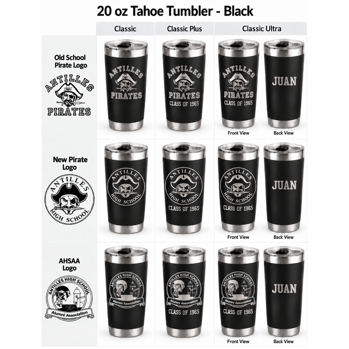 Antilles High School 20 oz Tahoe Tumbler black customization options