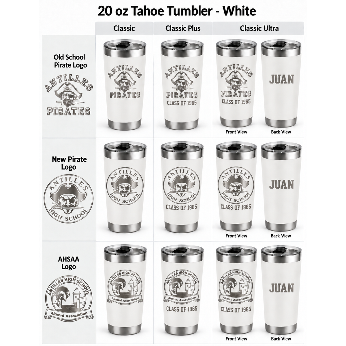 Antilles High School 20 oz Tahoe Tumbler yellow customization options