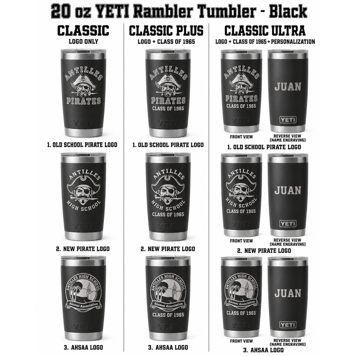 Antilles High School 20 oz YETI Rambler Tumbler black customization options