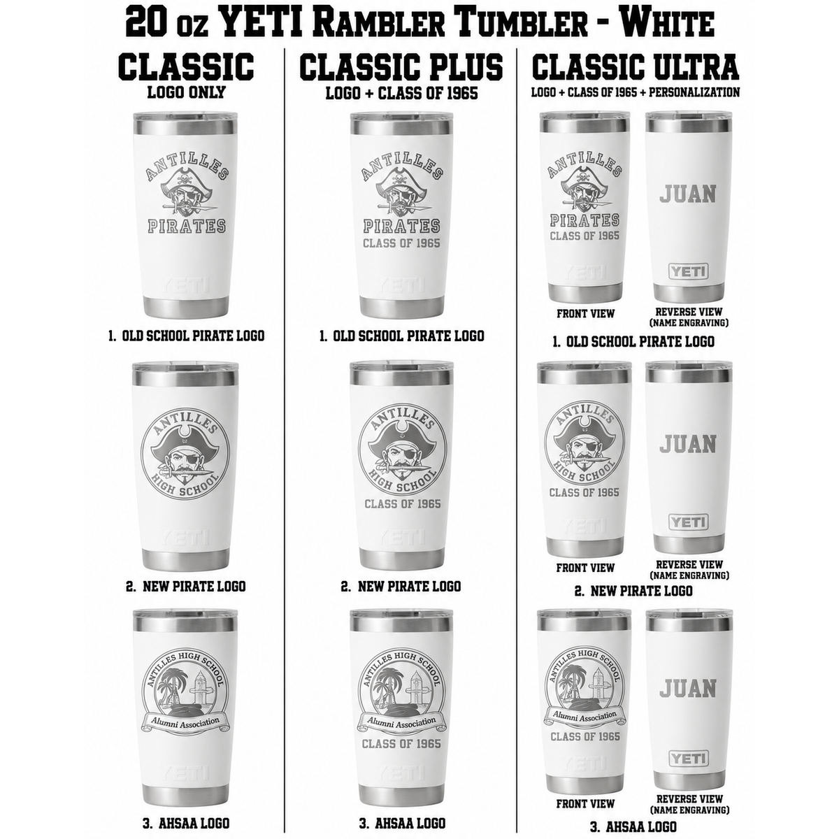Antilles High School 20 oz YETI Rambler Tumbler white customization options