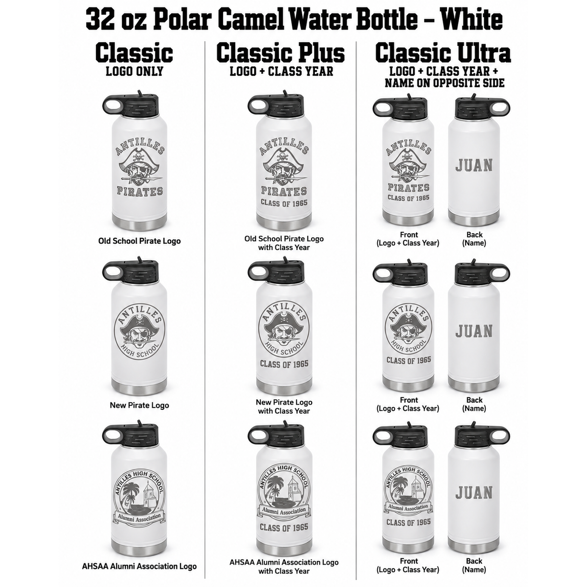 Antilles High School 32 oz Polar Camel water bottle white customization options
