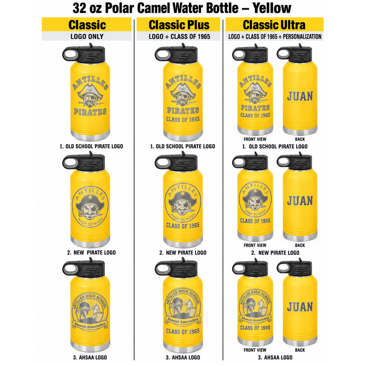Antilles High School 32 oz Polar Camel water bottle yellow customization options