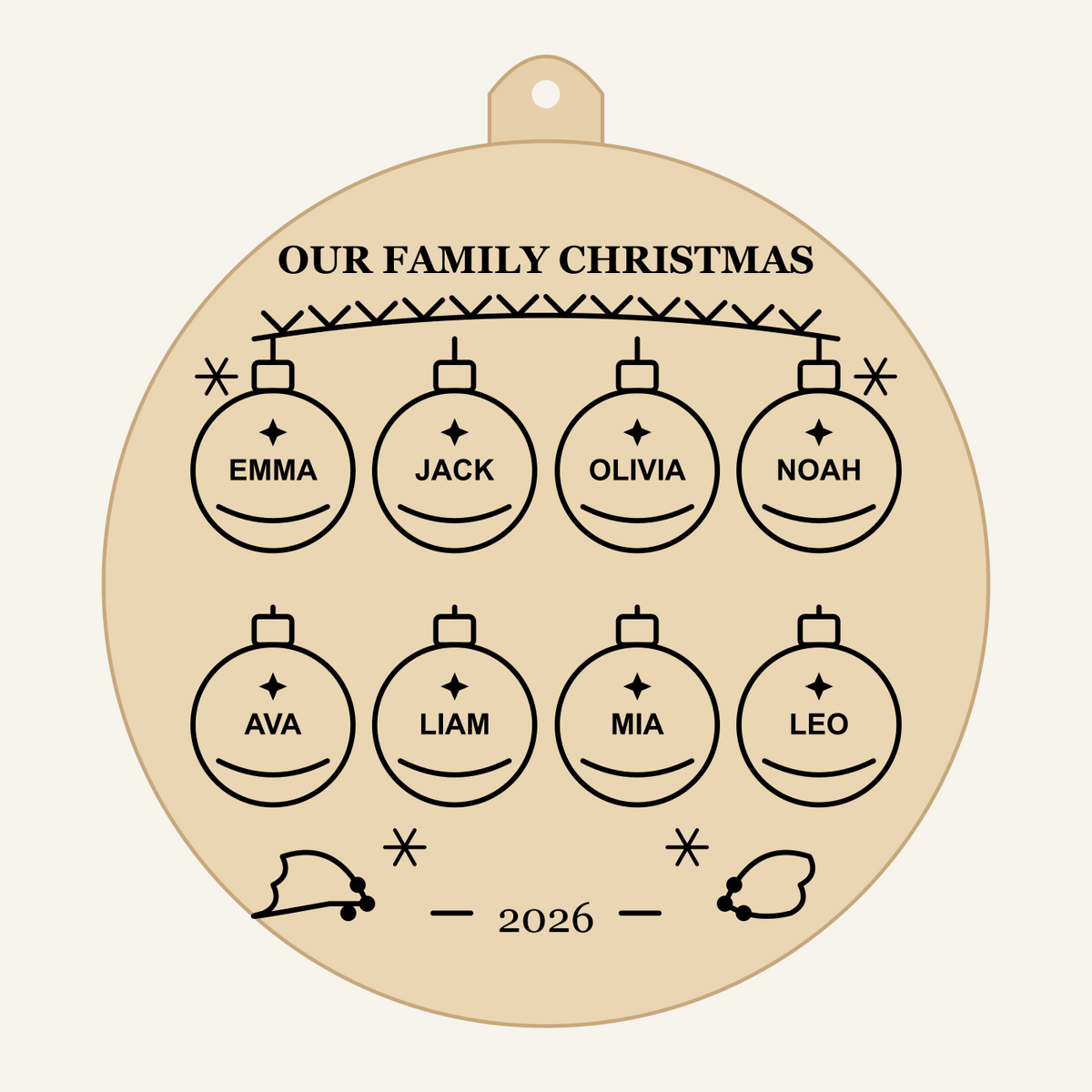 Our Family Christmas Personalized Bauble Ornament — 2–8 Names — design preview with sample personalization