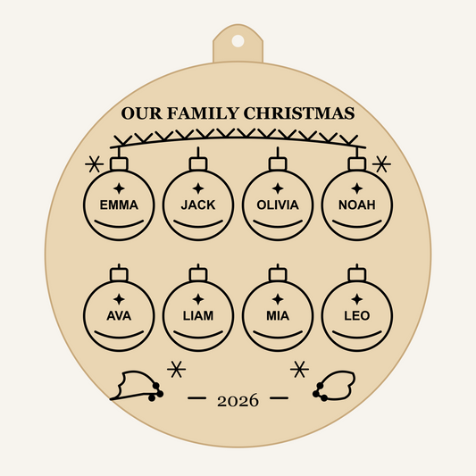 Our Family Christmas Personalized Bauble Ornament — 2–8 Names — design preview with sample personalization