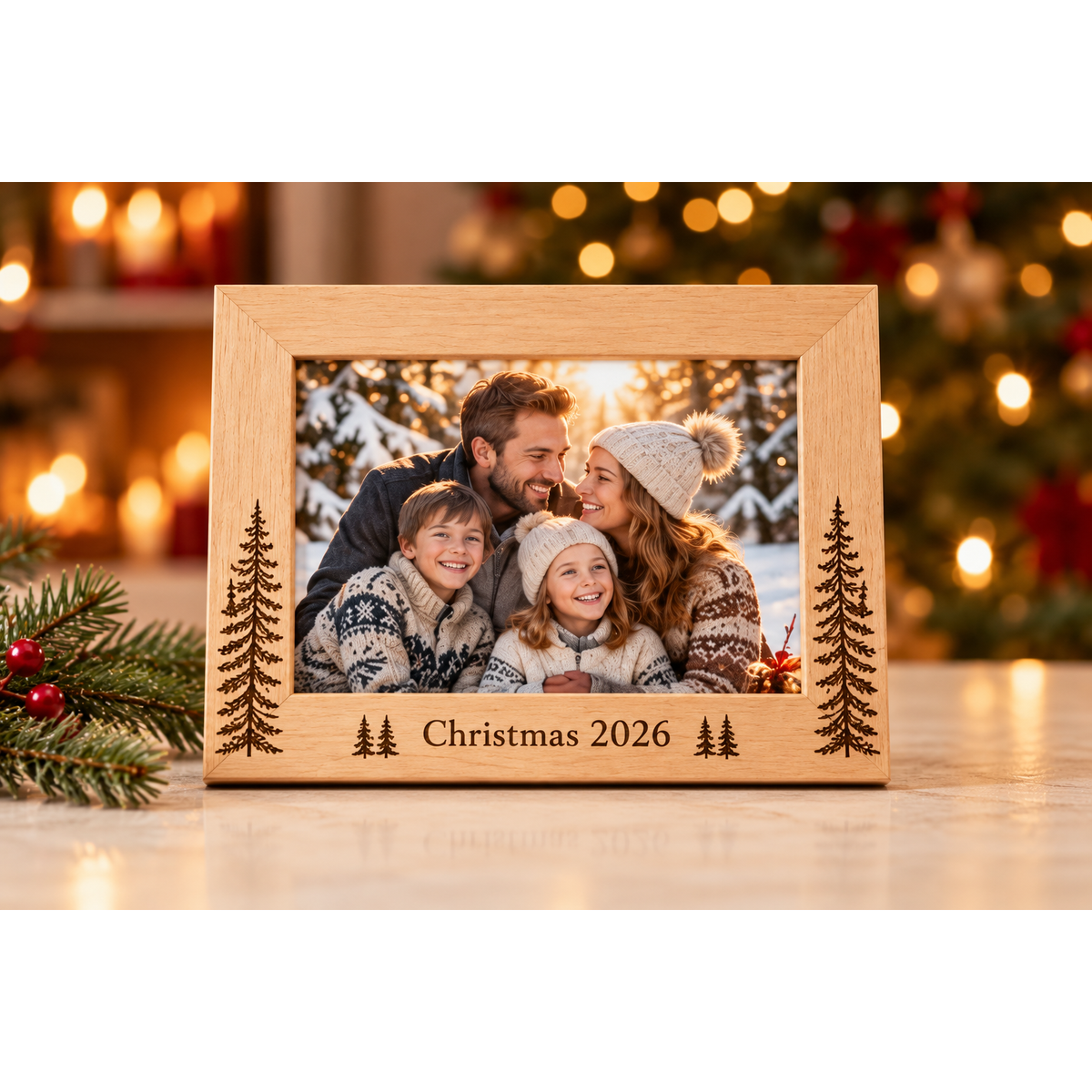 Christmas 2026 wooden frame with evergreen engraving — landscape design preview; sample photo not included