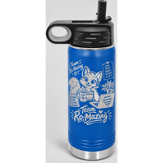 Royal blue 20 oz Polar Camel water bottle with silver Team Ro-Mazing fox engraving — product mockup