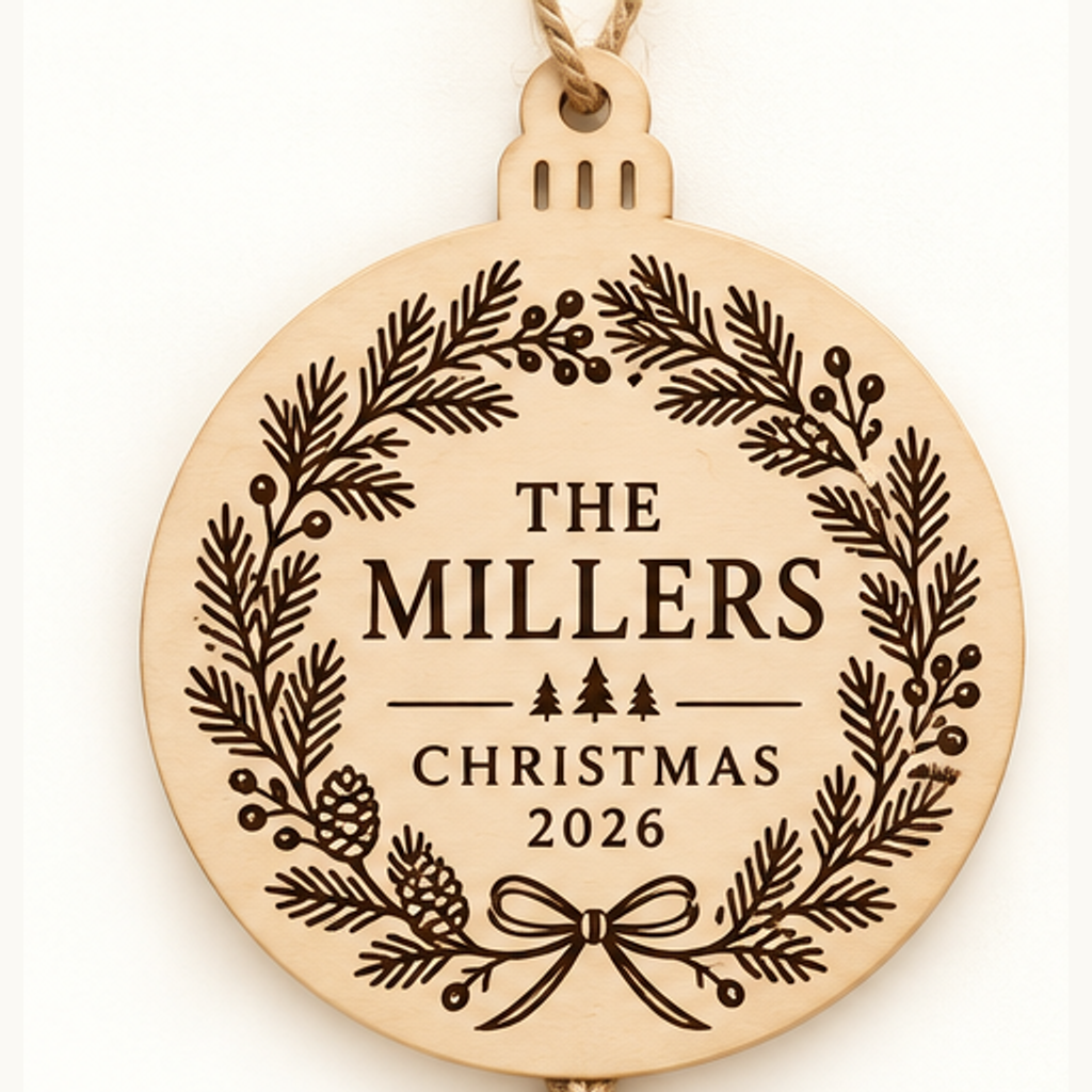 Personalized Family Wreath Christmas Ornament — selected detailed design with sample names and year