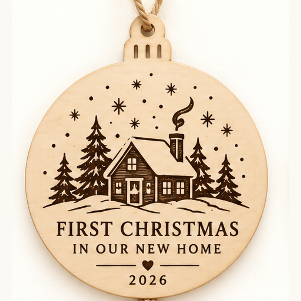 First Christmas in Our New Home Wood Ornament — selected detailed design with sample names and year