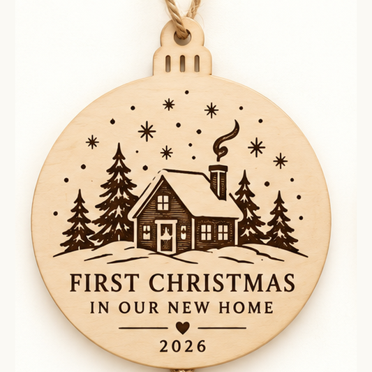 First Christmas in Our New Home Wood Ornament — selected detailed design with sample names and year
