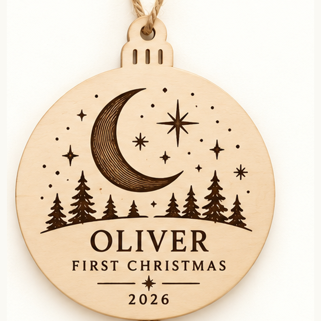 Baby’s First Christmas Personalized Wood Ornament — selected detailed design with sample names and year