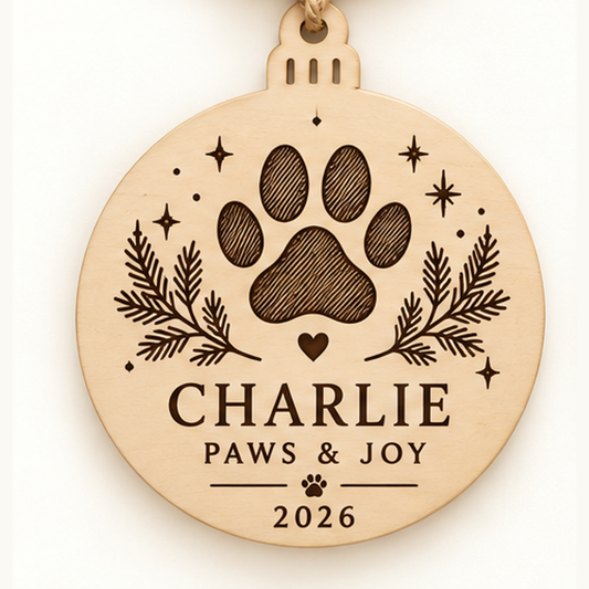 Personalized Pet Christmas Ornament — Paws & Joy — selected detailed design with sample names and year