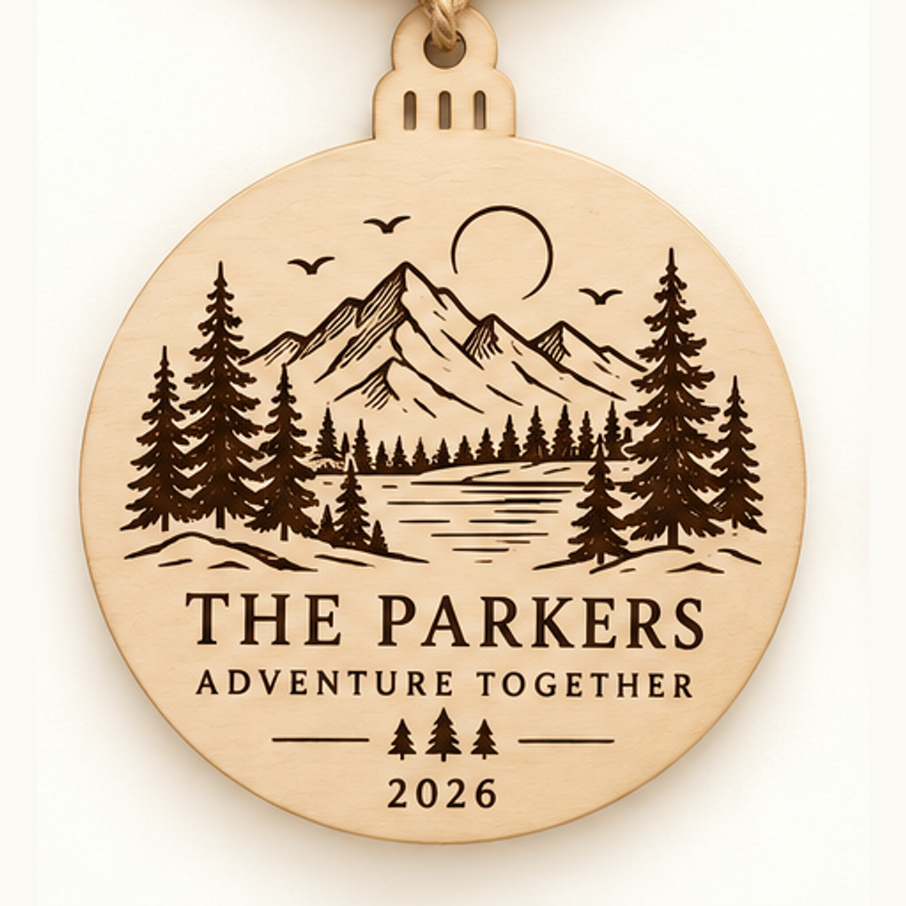 Personalized Mountain Adventure Christmas Ornament — selected detailed design with sample names and year