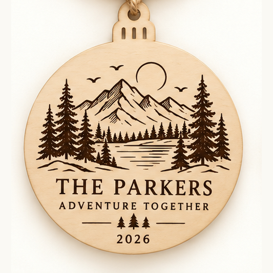 Personalized Mountain Adventure Christmas Ornament — selected detailed design with sample names and year